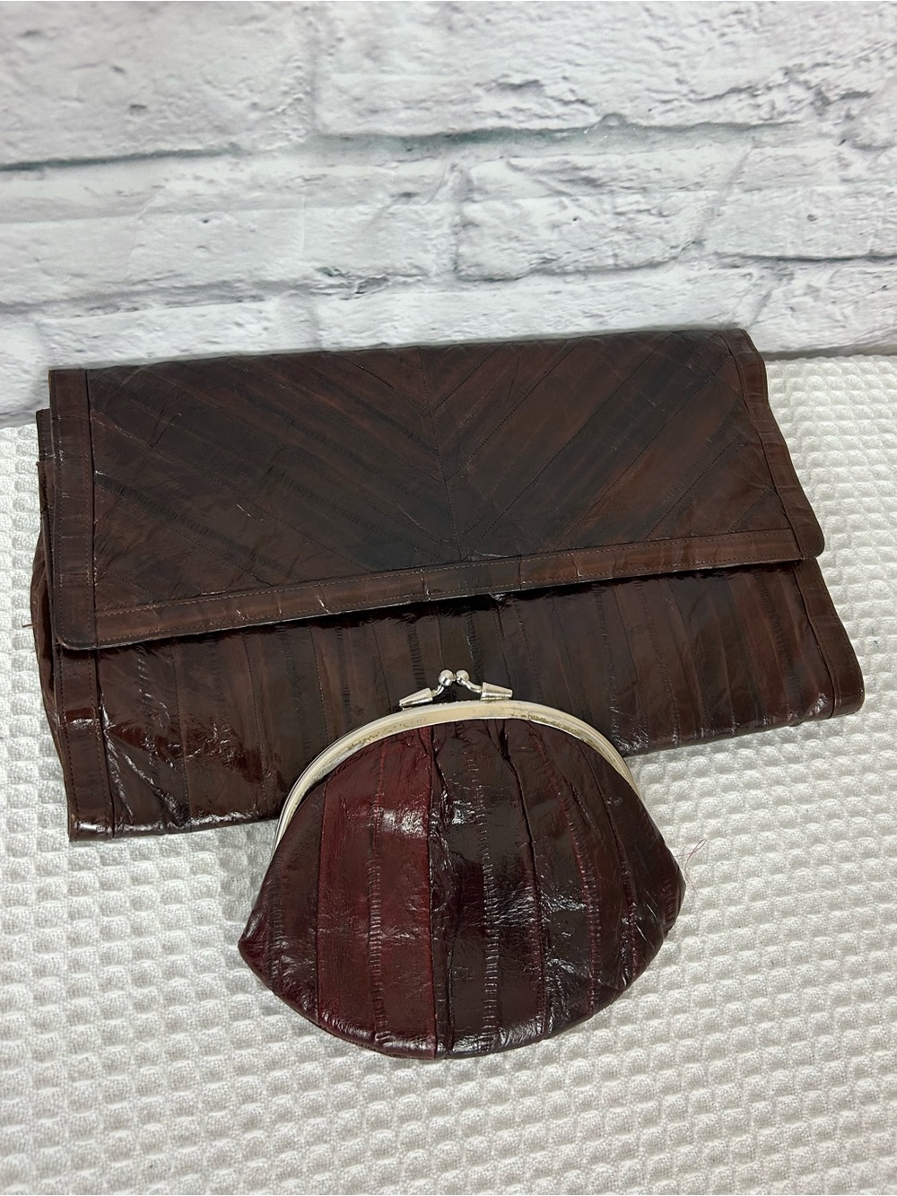 Vintage Genuine Eel Skin Leather Clutch Wallet & Coin Purse Brown Set
